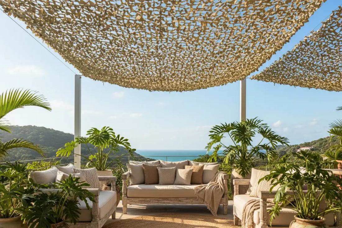 Ambiente externo ensolarado com rede de camuflagem decorativa em tom areia, móveis de madeira clara e plantas tropicais, transmitindo frescor e estilo brasileiro.