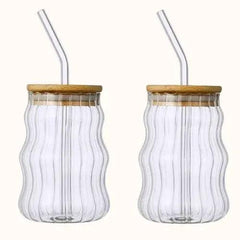 Copo de Drink de Vidro com Tampa de Bambu, 400ml, elegante, durável e versátil, ideal para bebidas diversas, resistente a temperaturas extremas.