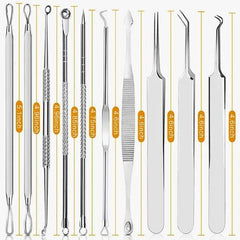 Kit de 8 peças para remoção de cravos e espinhas, em aço inoxidável, com design profissional e ergonômico, ideal para cuidados com a pele.