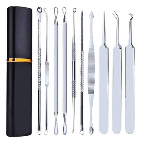 Kit de 8 peças para remoção de cravos e espinhas, em aço inoxidável, com design profissional e ergonômico, ideal para cuidados com a pele.