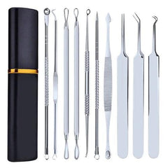 Kit de 8 peças para remoção de cravos e espinhas, em aço inoxidável, com design profissional e ergonômico, ideal para cuidados com a pele.
