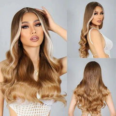 Peruca Lace Longa Ondulada Castanho claro dourado com mechas claras