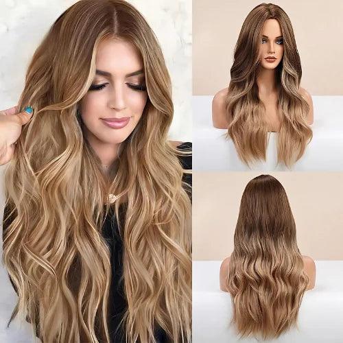 Peruca Lace Longa Ondulada Castanho medio com mechas loiro acinzentado