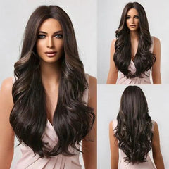 Peruca Feminina Lace Longa Ondulada Natural Castanho Escuro com Lace Front Realista