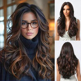 Peruca Longa Castanho Escuro com Luzes Caramelo