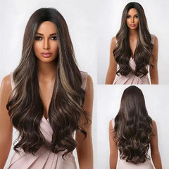 Peruca Longa Castanho Escuro com Reflexos Acinzentados Degrade Suave