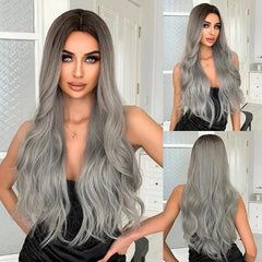 Peruca Longa Grisalho Degradê com Raiz Escura