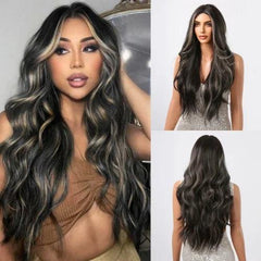 Peruca Longa Preto com Mechas Loiro Acinzentado Degrade Marcante