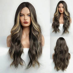 Peruca Longa Preto com Mechas Loiro Mel Ombre Natural
