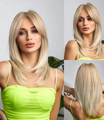 Peruca Lace Front média com franja e camadas naturais, fios premium ultra-realistas, ajuste confortável e resistência ao calor para um visual sofisticado.