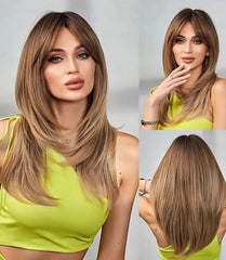 Peruca Lace Front média com franja e camadas naturais, fios premium ultra-realistas, ajuste confortável e resistência ao calor para um visual sofisticado.