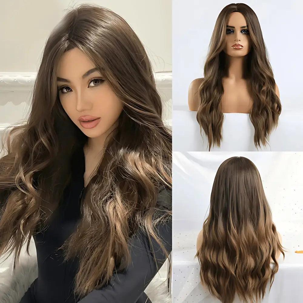 Peruca de cabelo natural feminina longa, ondulada, lace front e resistente ao calor até 150°C.