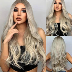 Peruca de cabelo natural feminina longa, ondulada, lace front e resistente ao calor até 150°C.