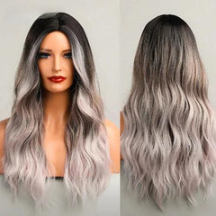 Peruca Longa Grisalho Suave com Raiz Escura