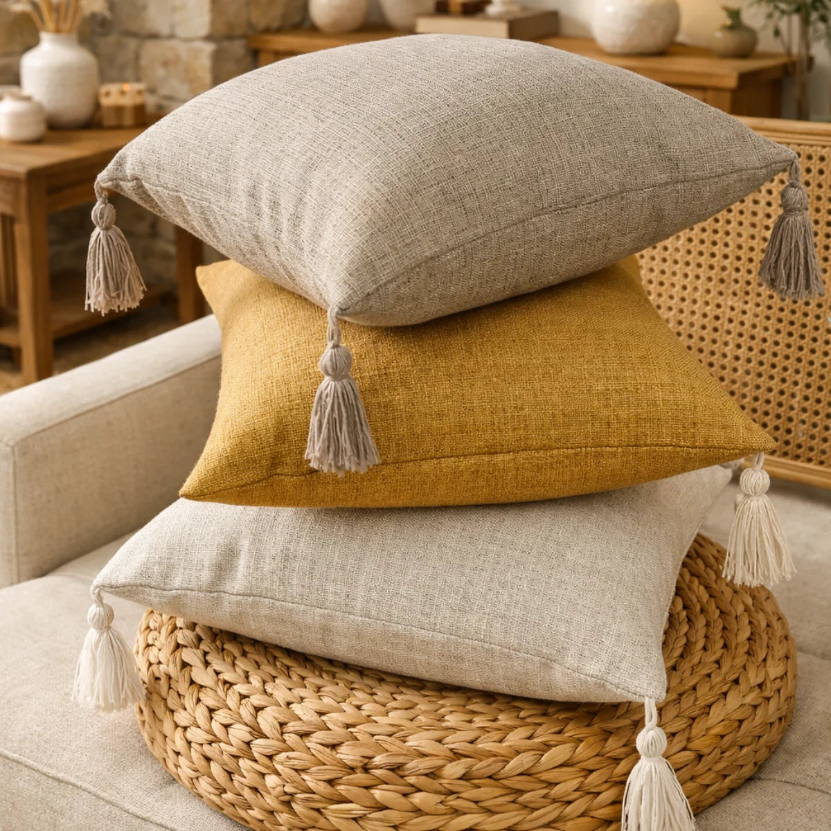 Comprar capa de almofada linho 45x45 decorativa sofá franjas borlas natural japonês minimalista barato em promoção POLIDEIA