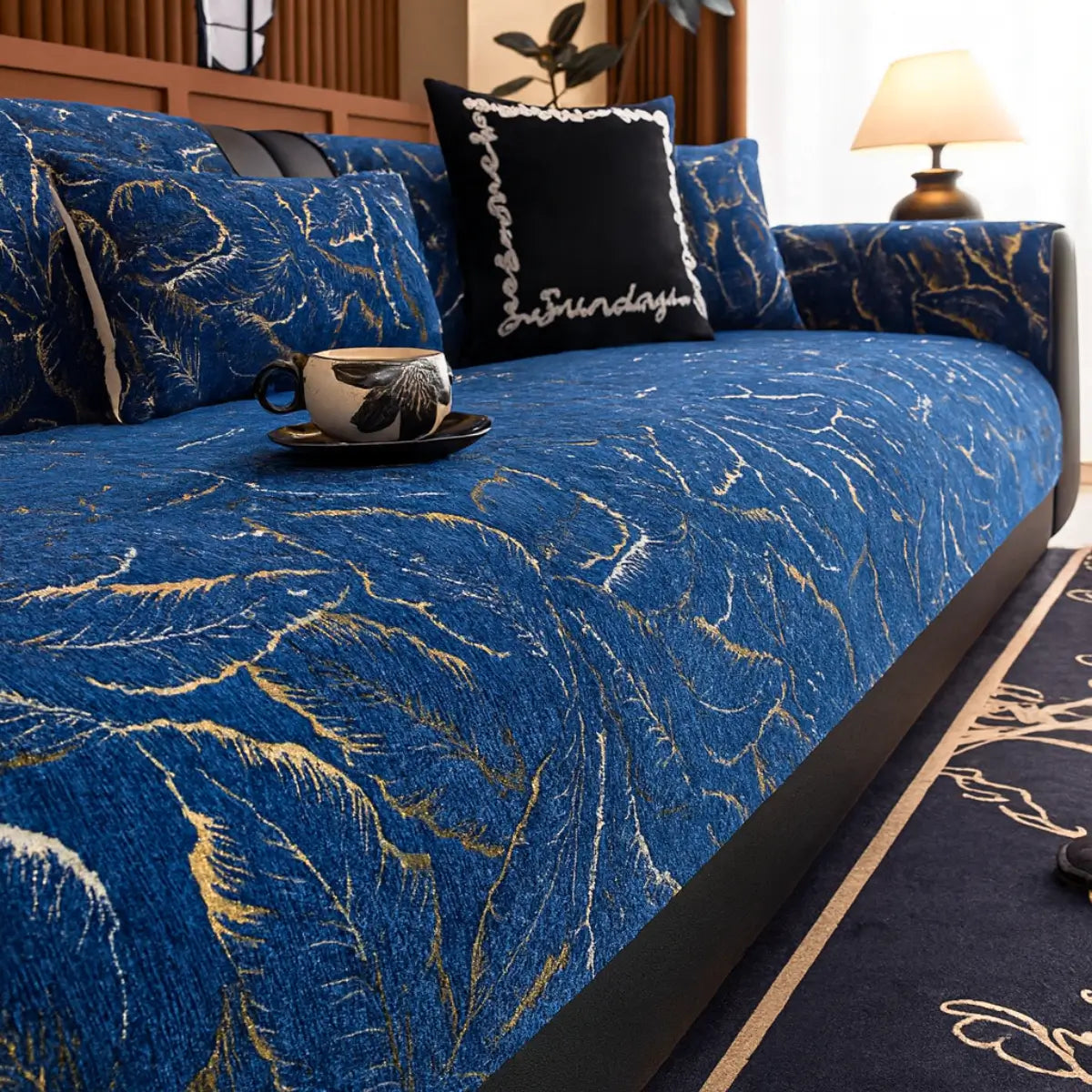 Comprar Capa Para Sofá Moderna Premium antiderrapante design folhagem azul dourado folhas proteção elegante barata promoção