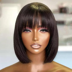 Peruca lace front de cabelo humano curto liso na cor preto