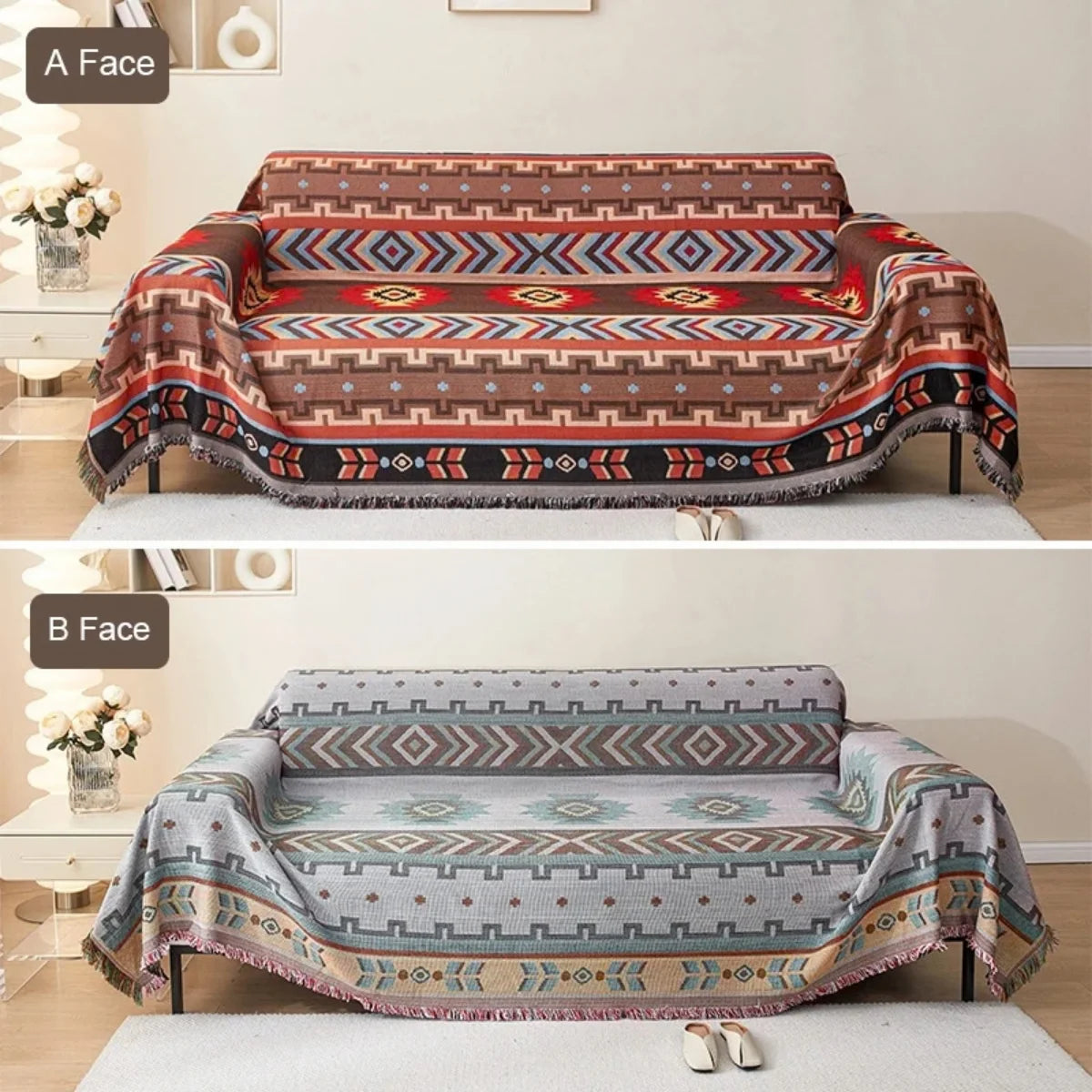 Comprar manta para sofá dupla face jacquard geométrica étnica reversível com franjas barato ou em promoção