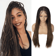 Uma mulher negra sorridente usando uma peruca cacheada dread lace front