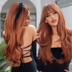 Peruca lace longa natural ondulada com franja de 55 a 60cm, confortável e perfeita para uso diário.