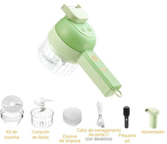 processador de alimentos elétrico 4 em 1 com quatro funções: cortar, picar, triturar e descascar. O aparelho possui lâminas de aço inoxidável, estrutura em ABS e escova de limpeza elétrica.