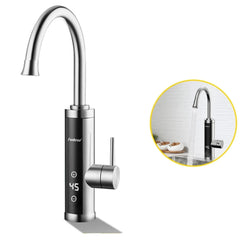 aquecedor de água elétrico de aço inoxidável com controle de temperatura de toque instalado em uma pia de cozinha. O aquecedor tem um design moderno e uma tela digital que mostra a temperatura da água.