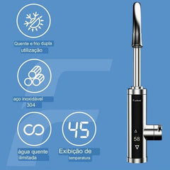 aquecedor de água elétrico de aço inoxidável com controle de temperatura de toque instalado em uma pia de cozinha. O aquecedor tem um design moderno e uma tela digital que mostra a temperatura da água.