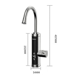 aquecedor de água elétrico de aço inoxidável com controle de temperatura de toque instalado em uma pia de cozinha. O aquecedor tem um design moderno e uma tela digital que mostra a temperatura da água.