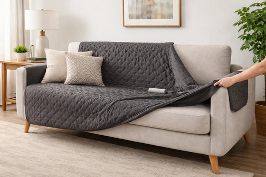 Capa para sofás protegendo sofá em apartamento alugado, com capa parcialmente colocada em ambiente de sala moderna