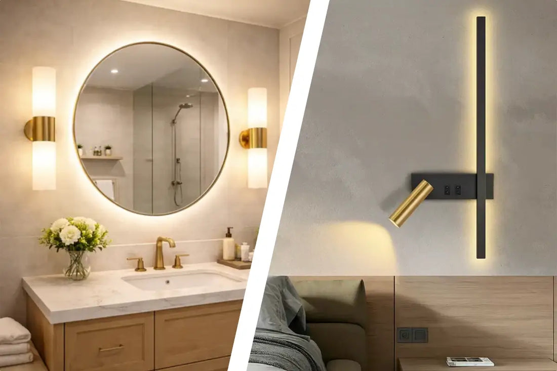 Luminária de parede: arandela dourada em banheiro elegante e arandela LED minimalista preta e dourada em quarto moderno