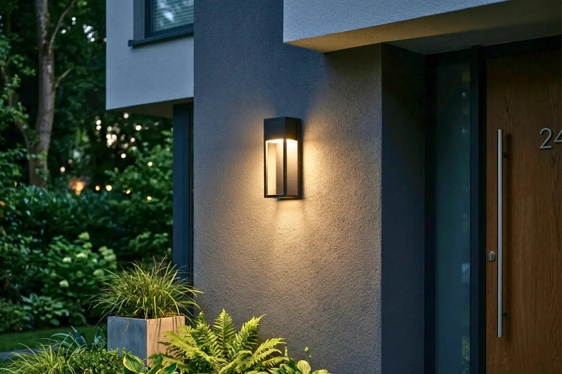 Luminária de parede externa preta em fachada residencial moderna com jardim iluminado à noite