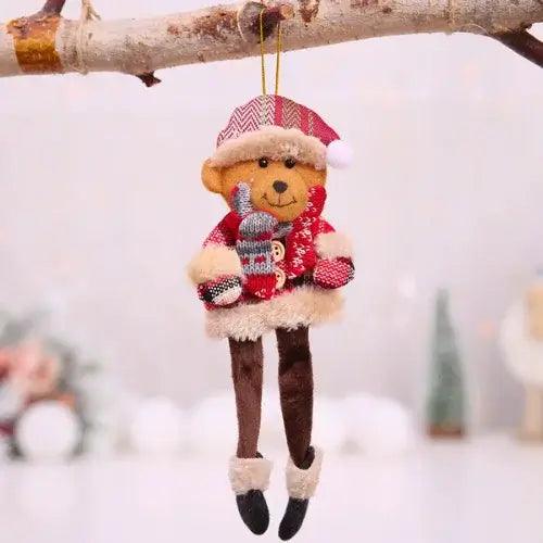 Enfeite de Natal em tecido com bonecos decorativos para árvore, incluindo Papai Noel e boneco de neve, ideal para criar uma atmosfera festiva.