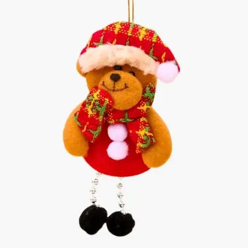 Enfeite de Natal em tecido com bonecos decorativos para árvore, incluindo Papai Noel e boneco de neve, ideal para criar uma atmosfera festiva.