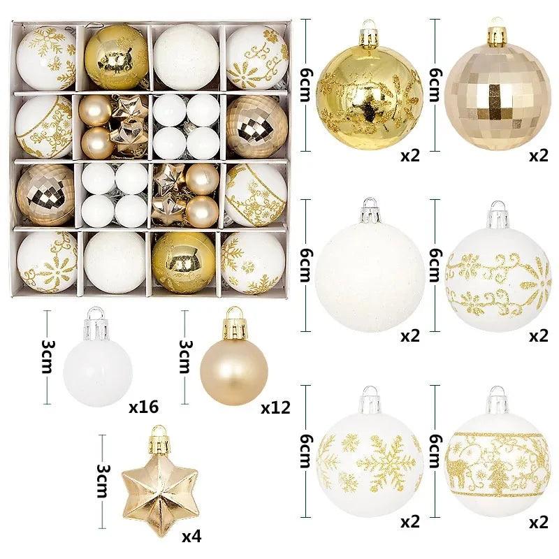 Conjunto de 44 bolas de Natal em ABS de alta qualidade, ideal para decorar árvores e criar um ambiente festivo. Duráveis e fáceis de pendurar