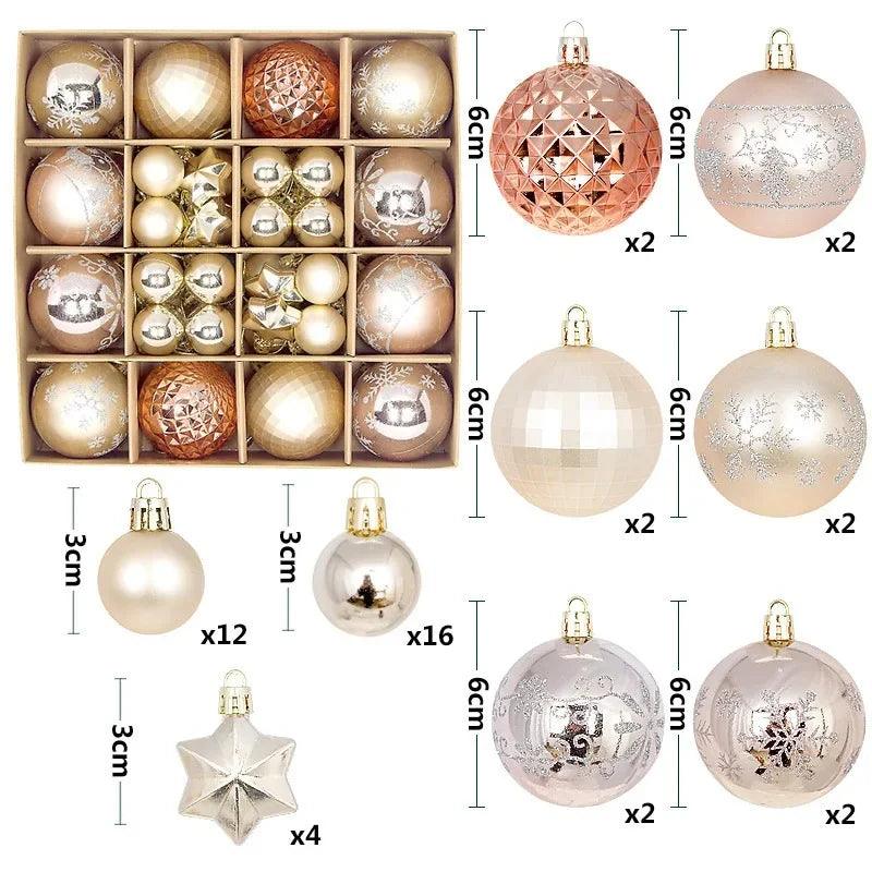 Conjunto de 44 bolas de Natal em ABS de alta qualidade, ideal para decorar árvores e criar um ambiente festivo. Duráveis e fáceis de pendurar