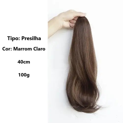 Aplique rabo de cavalo liso repicado com presilha, 40 cm, cabelo sintético natural, estilo moderno e fácil de usar.