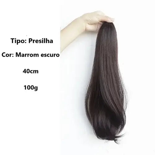 Aplique rabo de cavalo liso repicado com presilha, 40 cm, cabelo sintético natural, estilo moderno e fácil de usar.