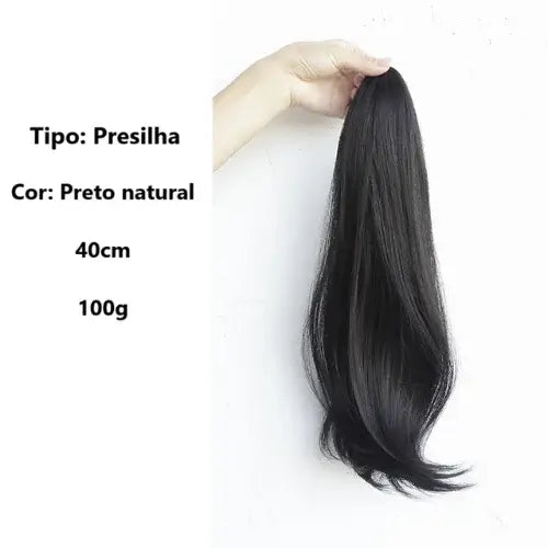 Aplique rabo de cavalo liso repicado com presilha, 40 cm, cabelo sintético natural, estilo moderno e fácil de usar.