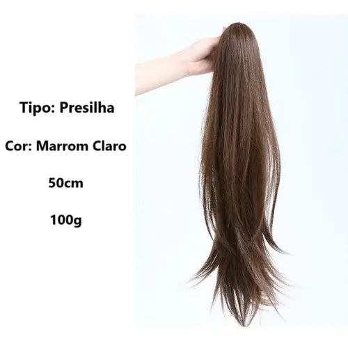 Aplique rabo de cavalo liso repicado com presilha, 40 cm, cabelo sintético natural, estilo moderno e fácil de usar.