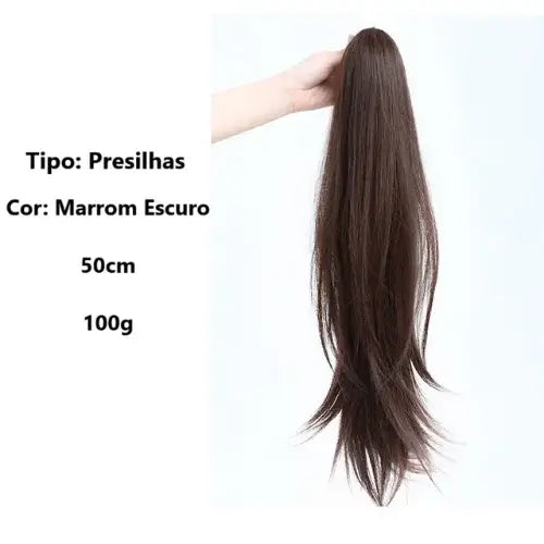 Aplique rabo de cavalo liso repicado com presilha, 40 cm, cabelo sintético natural, estilo moderno e fácil de usar.