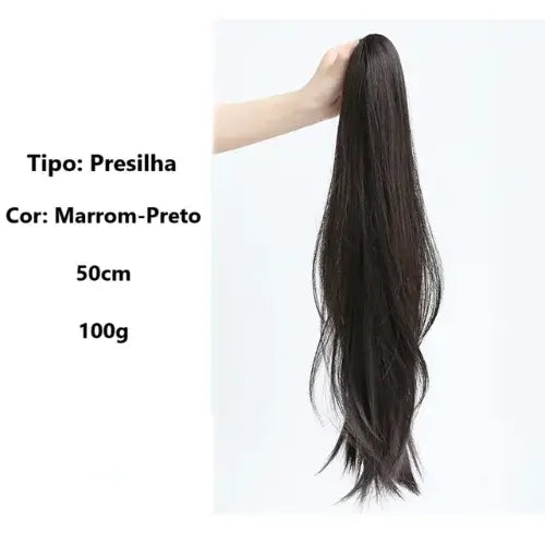 Aplique rabo de cavalo liso repicado com presilha, 40 cm, cabelo sintético natural, estilo moderno e fácil de usar.