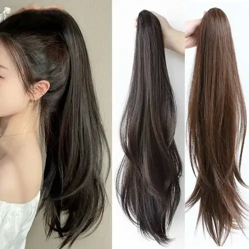 Aplique rabo de cavalo liso repicado com presilha, 40 cm, cabelo sintético natural, estilo moderno e fácil de usar.