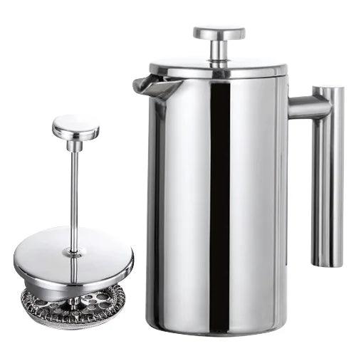 Cafeteira Prensa Francesa de Inox Térmica 1L profissional com parede dupla e filtro ultrafino, disponível na loja Polideia