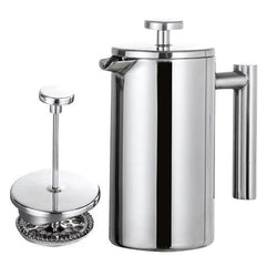Cafeteira Prensa Francesa de Inox Térmica 1L profissional com parede dupla e filtro ultrafino, disponível na loja Polideia