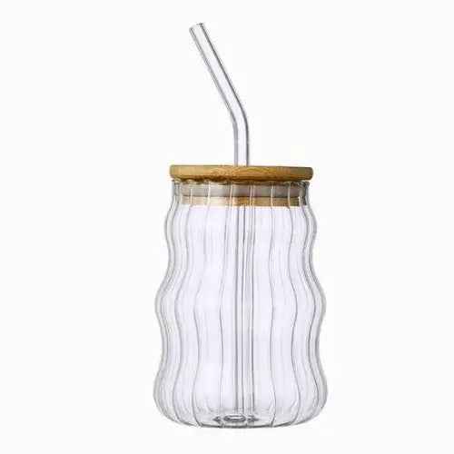 Copo de Drink de Vidro com Tampa de Bambu, 400ml, elegante, durável e versátil, ideal para bebidas diversas, resistente a temperaturas extremas.