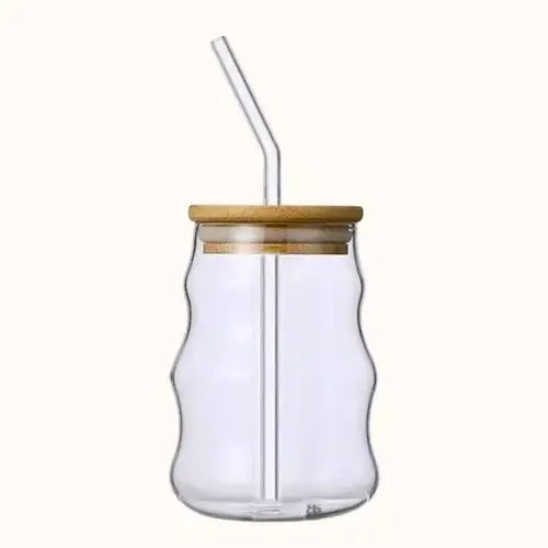 Copo de Drink de Vidro com Tampa de Bambu, 400ml, elegante, durável e versátil, ideal para bebidas diversas, resistente a temperaturas extremas.