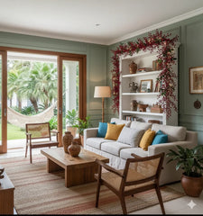 Guirlanda de galhos e frutas artificiais decorativas de 1,4 metros, ideal para decoração em portas e ambientes internos.