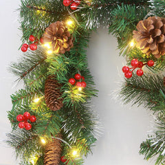 Guirlanda de Natal com Pinhas e Luzes LED Decorativas - Guirlanda de Natal com Pinhas e Luzes LED Decorativas - Verde Escuro / 1.8m - Polideia