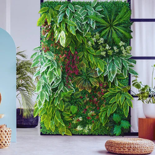 Jardim Vertical Artificial com Flores e Plantas, painel de grama de 40x60cm, resistente a UV, sem manutenção, ideal para decoração interna e externa. Polideia