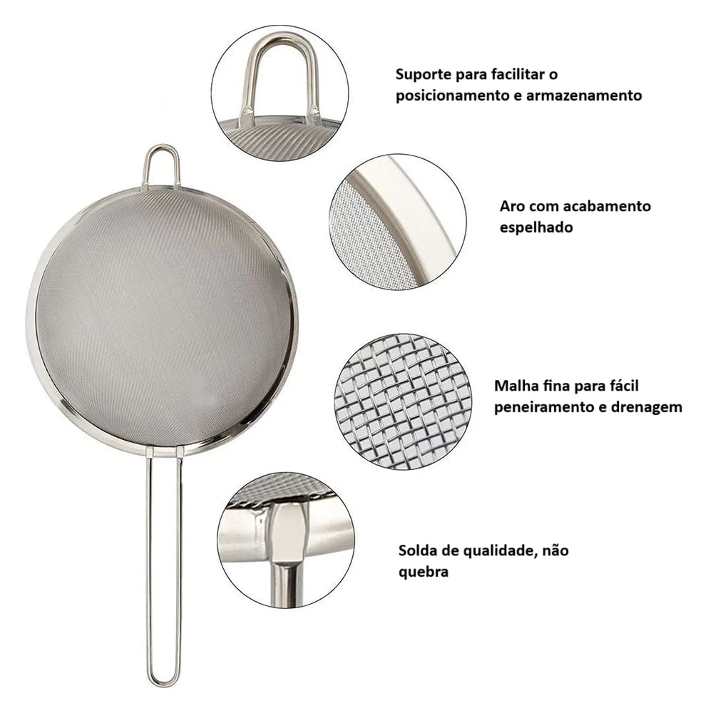 Kit 3 Peneiras de Inox: Transforme sua culinária com eficiência e estilo.